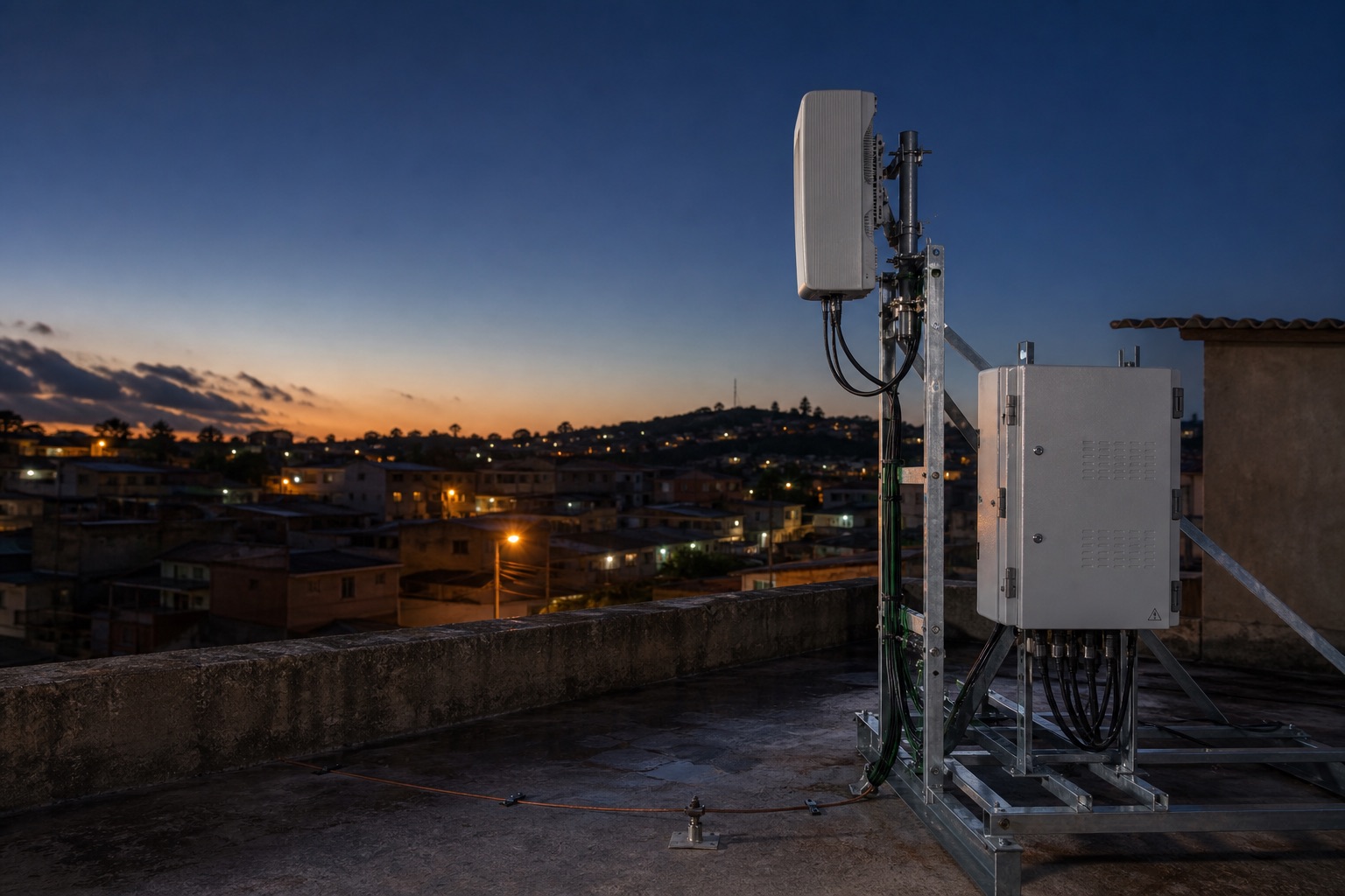 Illustrative telecom infrastructure installed on a neighbourhood rooftop at dusk