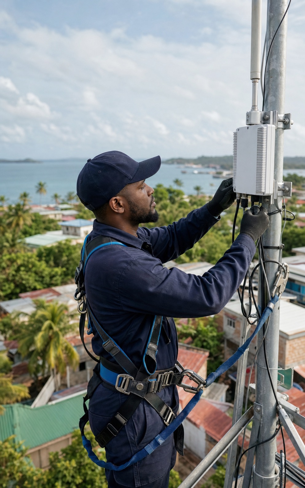Telecom technician installing network equipment above a coastal community